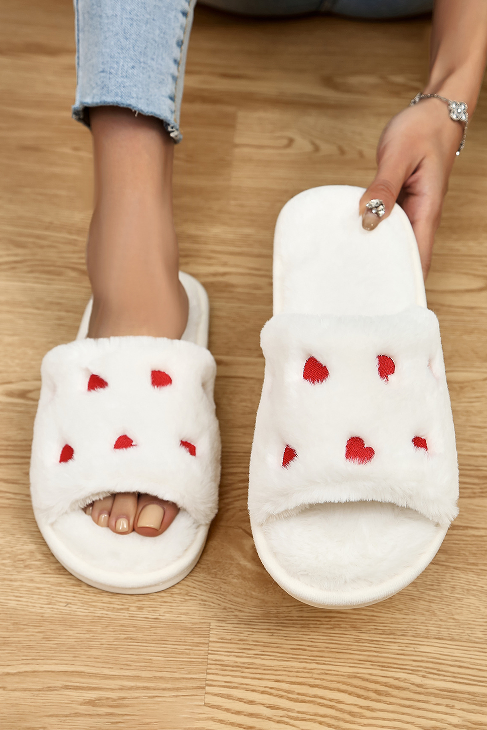 White Valentines Heart Embroidered Fuzzy Winter House Slippers Slippers JT's Designer Fashion