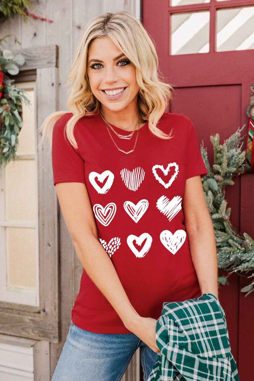 Fiery Red Valentines Heart Pattern Graphic Tee Graphic Tees JT's Designer Fashion