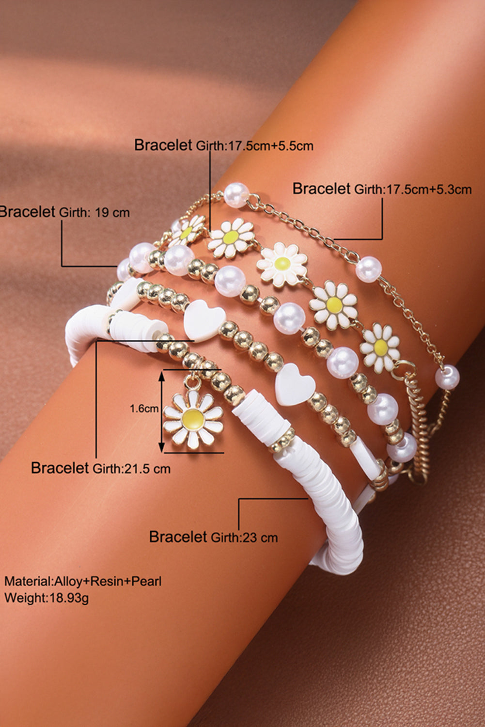 White Daisy Heart Pearl Beaded Multi Layer Bracelet Set Jewelry JT's Designer Fashion