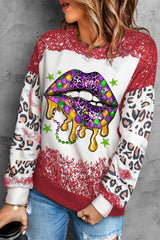 Fiery Red Mardi Gras Lip Shaped Leopard Bleached Sweatshirt Graphic Sweatshirts JT's Designer Fashion