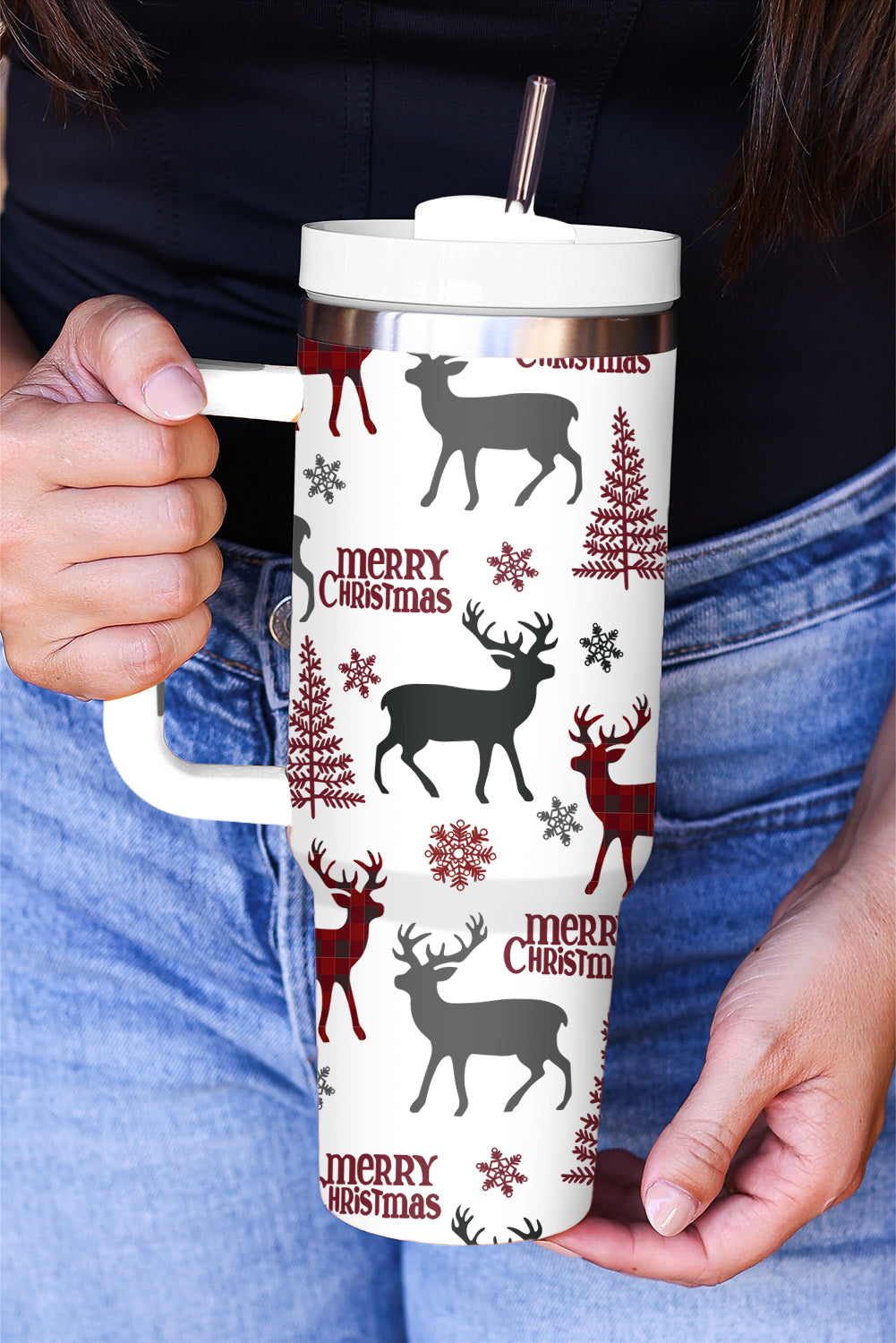 White Merry Christmas Tree Snowflake Elk Print Handle Tumbler Tumblers JT's Designer Fashion