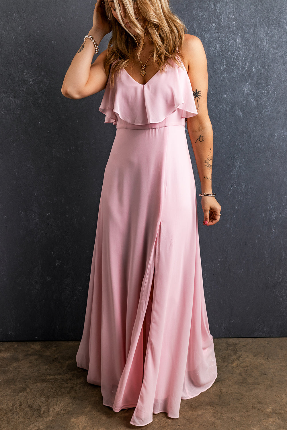 Light Pink Spaghetti Straps V Neck Ruffled Split Long Dress Dresses JT's Designer Fashion