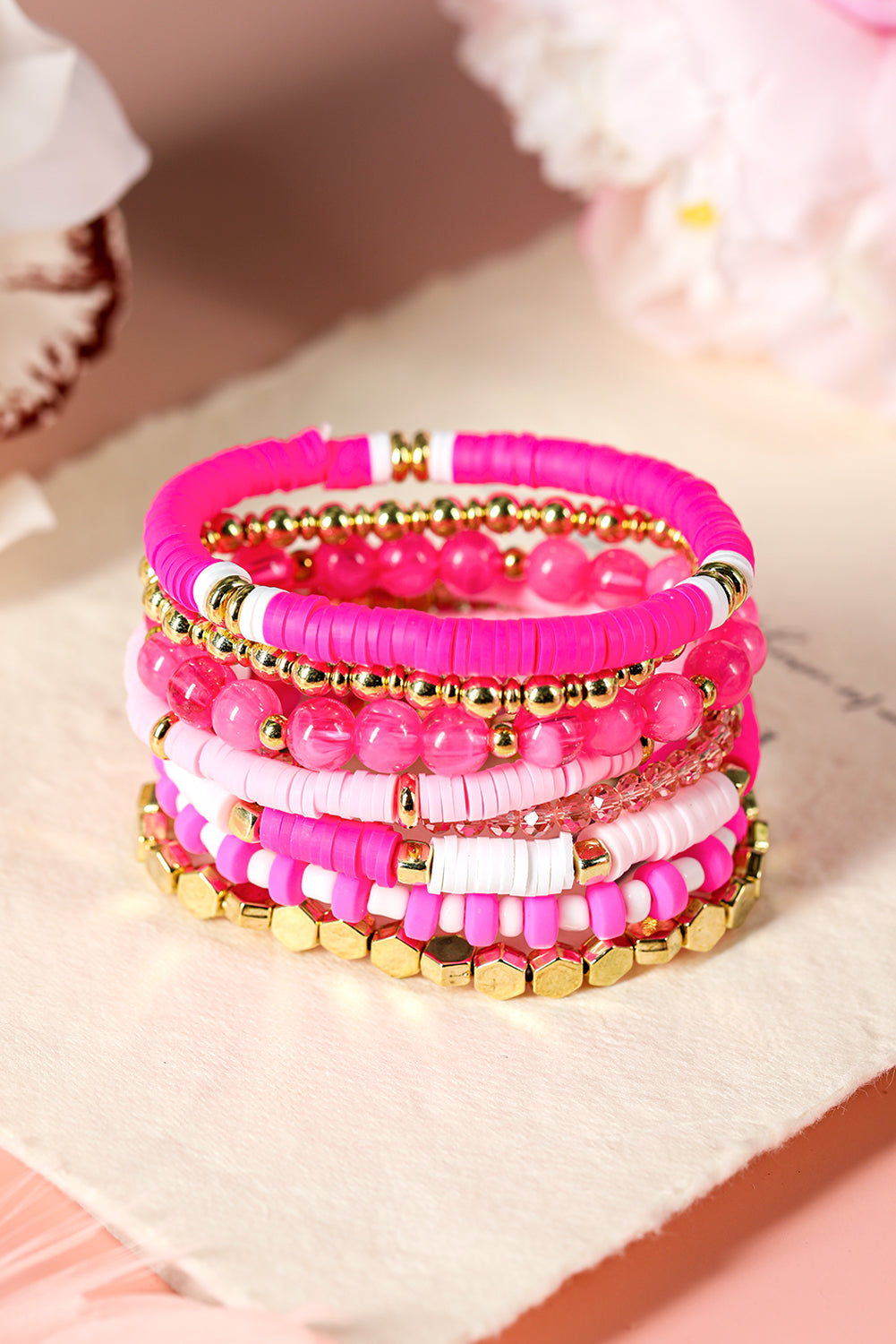 Sachet Pink 8pcs Valentine Vibe Beaded Elastic Bracelet Set Jewelry JT's Designer Fashion