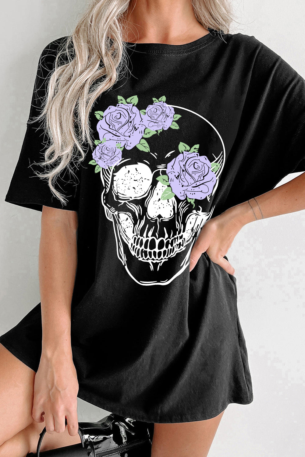 Black Floral Skull Graphic Halloween Tunic T Shirt Graphic Tees JT's Designer Fashion