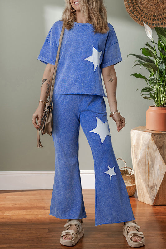 Ashleigh Blue Acid Wash Star Patched Rolled Trim Pants Set Pant Sets JT's Designer Fashion