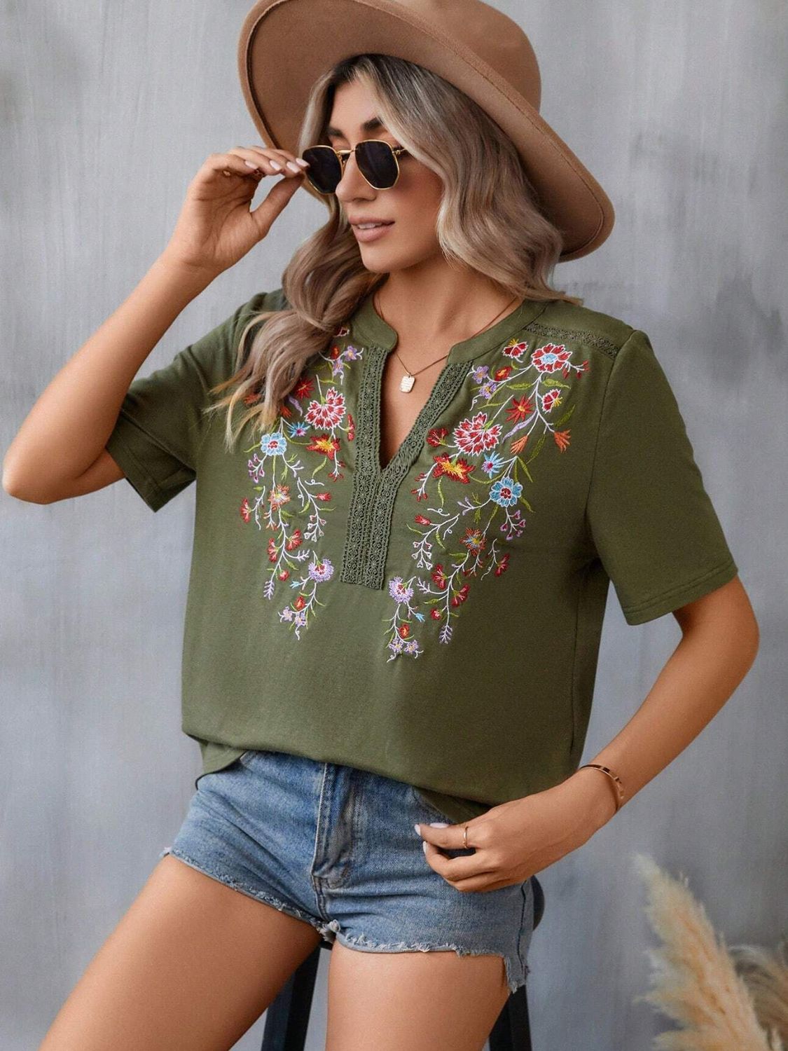 Embroidered Notched Short Sleeve T-Shirt Blouses & Shirts JT's Designer Fashion