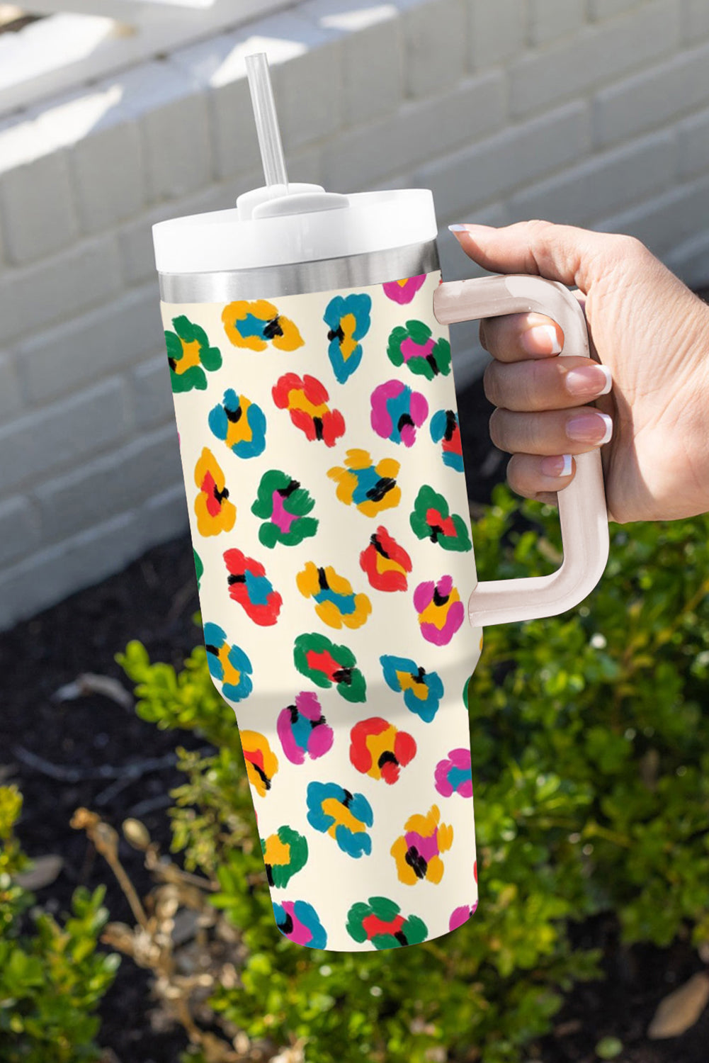 White Multi Color Leopard Print Handle Stainless Tumbler 40oz Tumblers JT's Designer Fashion