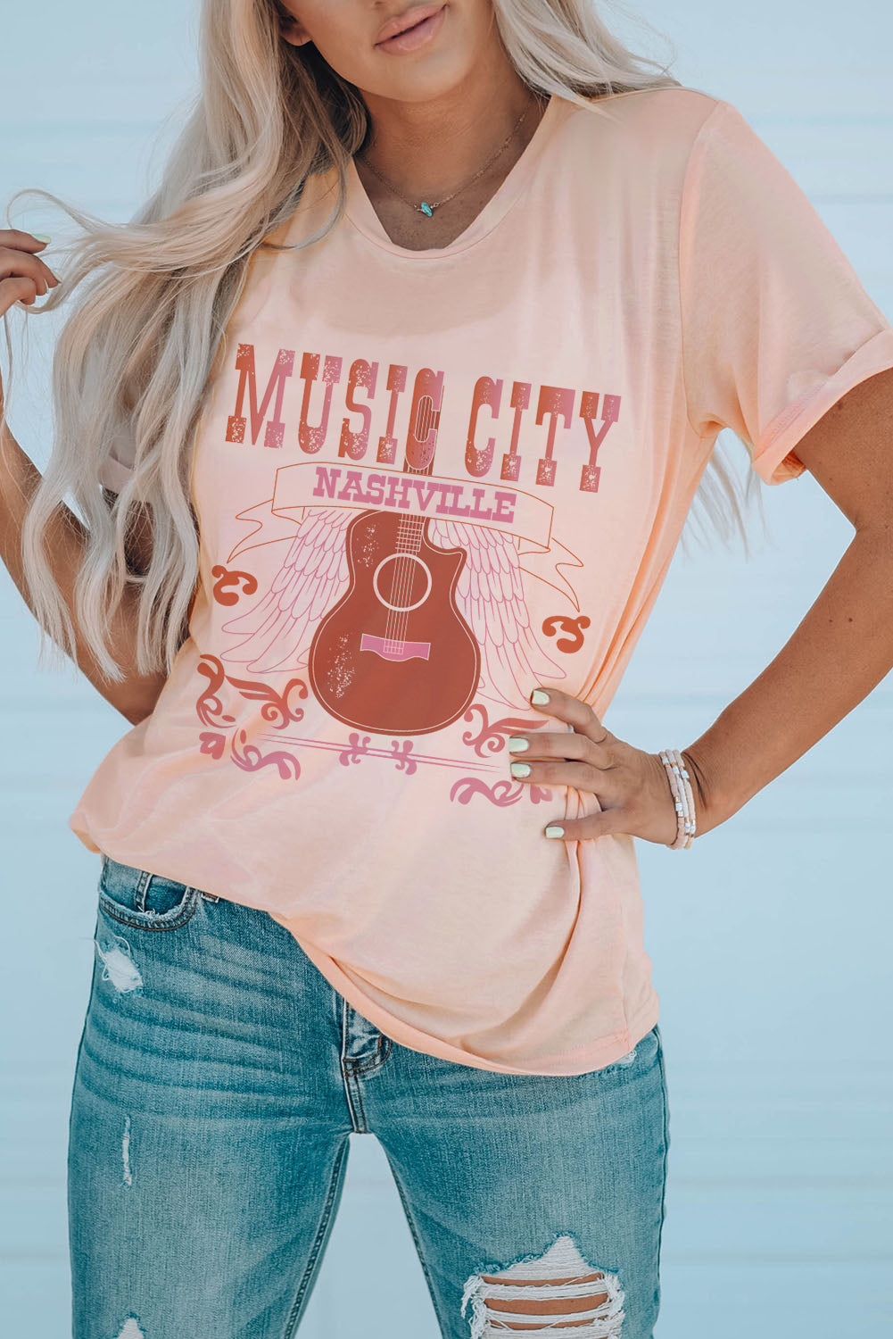 Pink Crew Neck MUSIC CITY Guitar Graphic T Shirt Graphic Tees JT's Designer Fashion