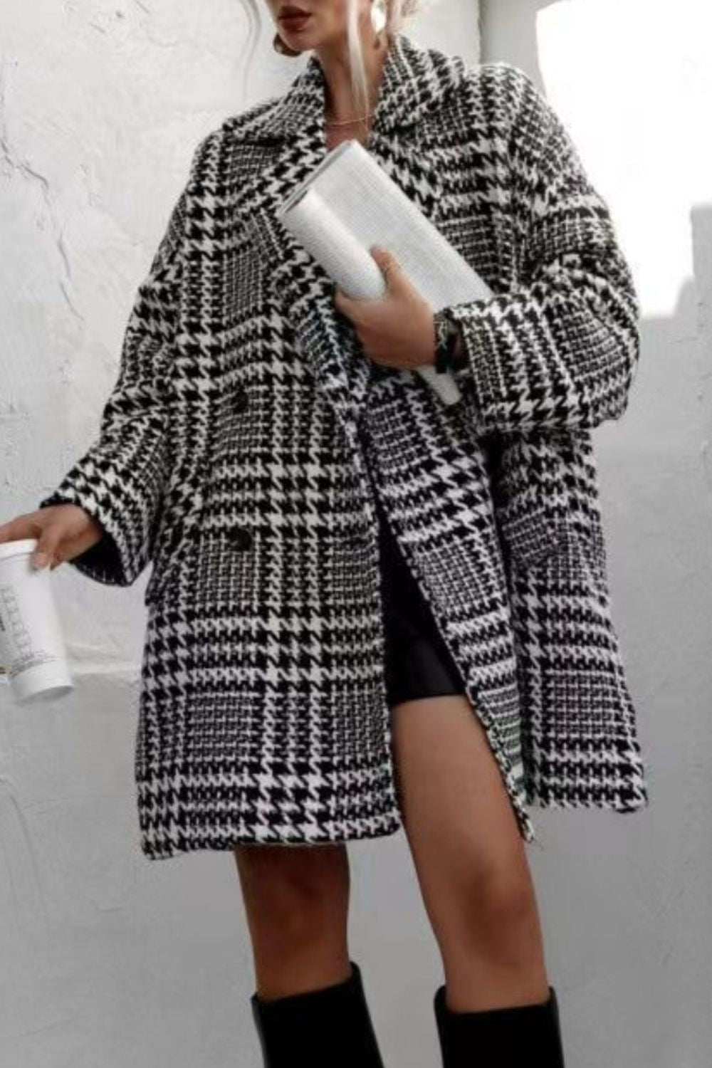 Houndstooth Collared Neck Long Sleeve Coat Black Long Sleeve Tops JT's Designer Fashion