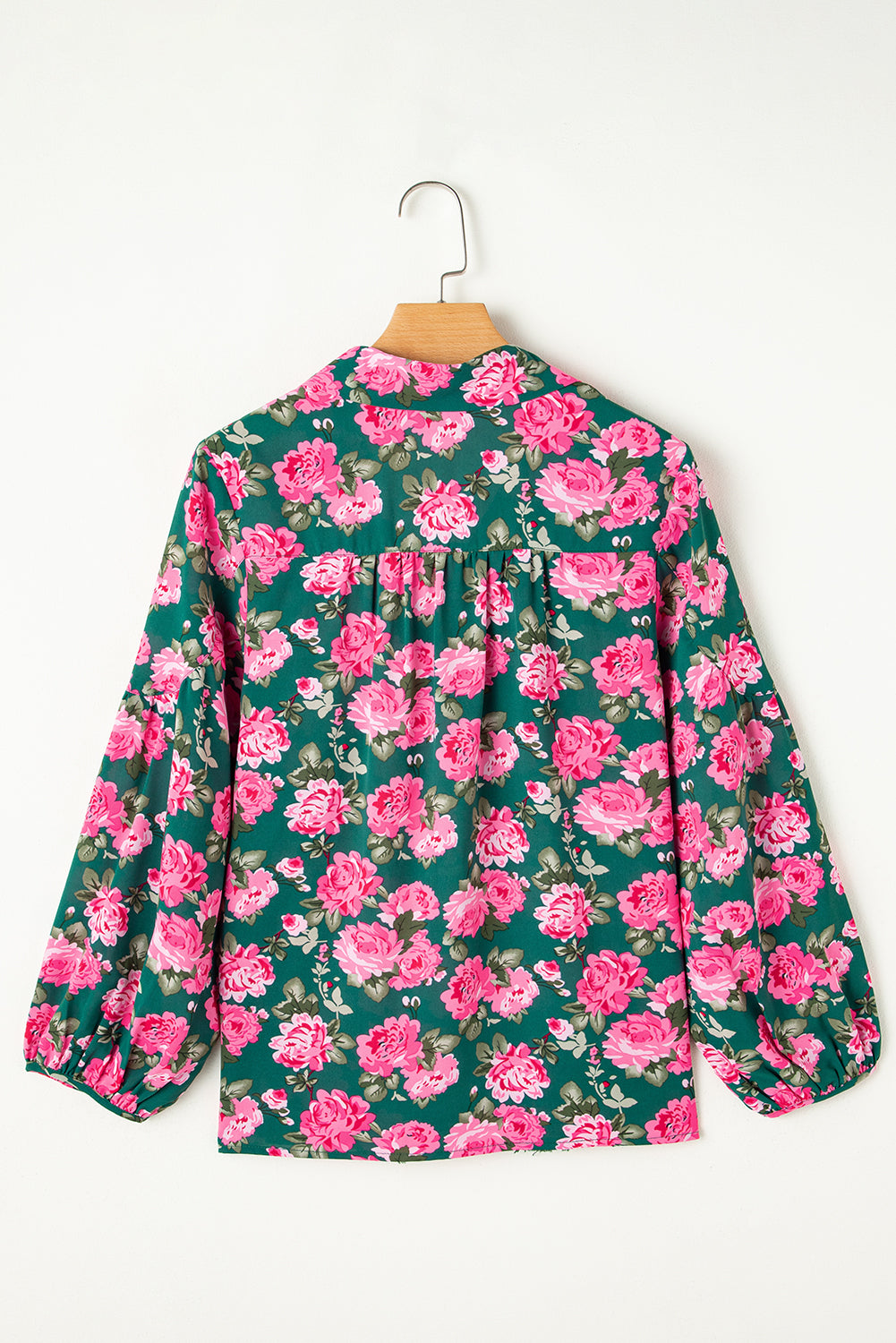 Green Floral Printed Tied Collar Puff Sleeve Blouse Blouses & Shirts JT's Designer Fashion