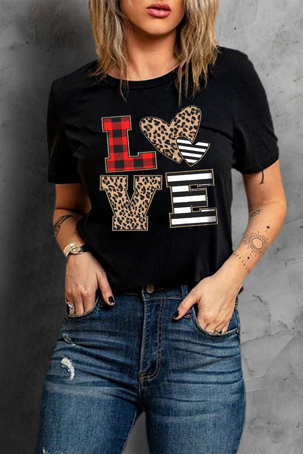 Black LOVE Heart Plaid Striped Leopard Print Graphic T Shirt Graphic Tees JT's Designer Fashion