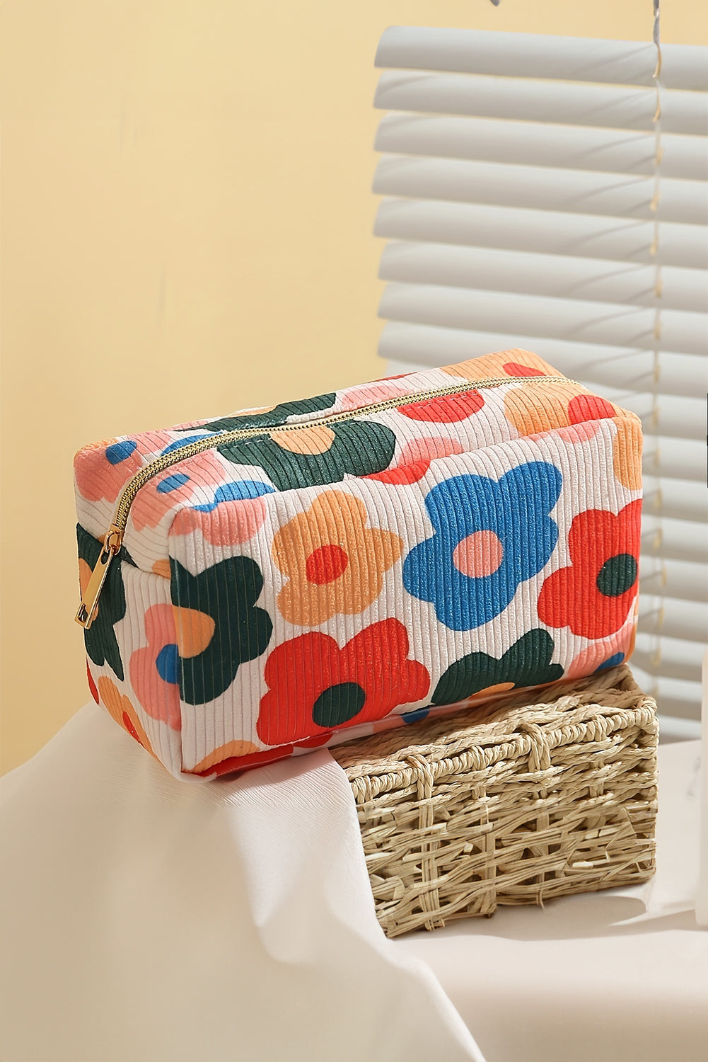 White Flower Print Zipper Square Corduroy Cosmetic Bag Makeup Bags JT's Designer Fashion