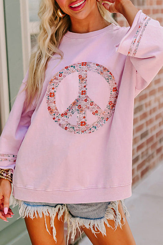 Light Pink Floral Peace Sign Graphic Drop Shoulder Wide Sleeve Casual Top Long Sleeve Tops JT's Designer Fashion