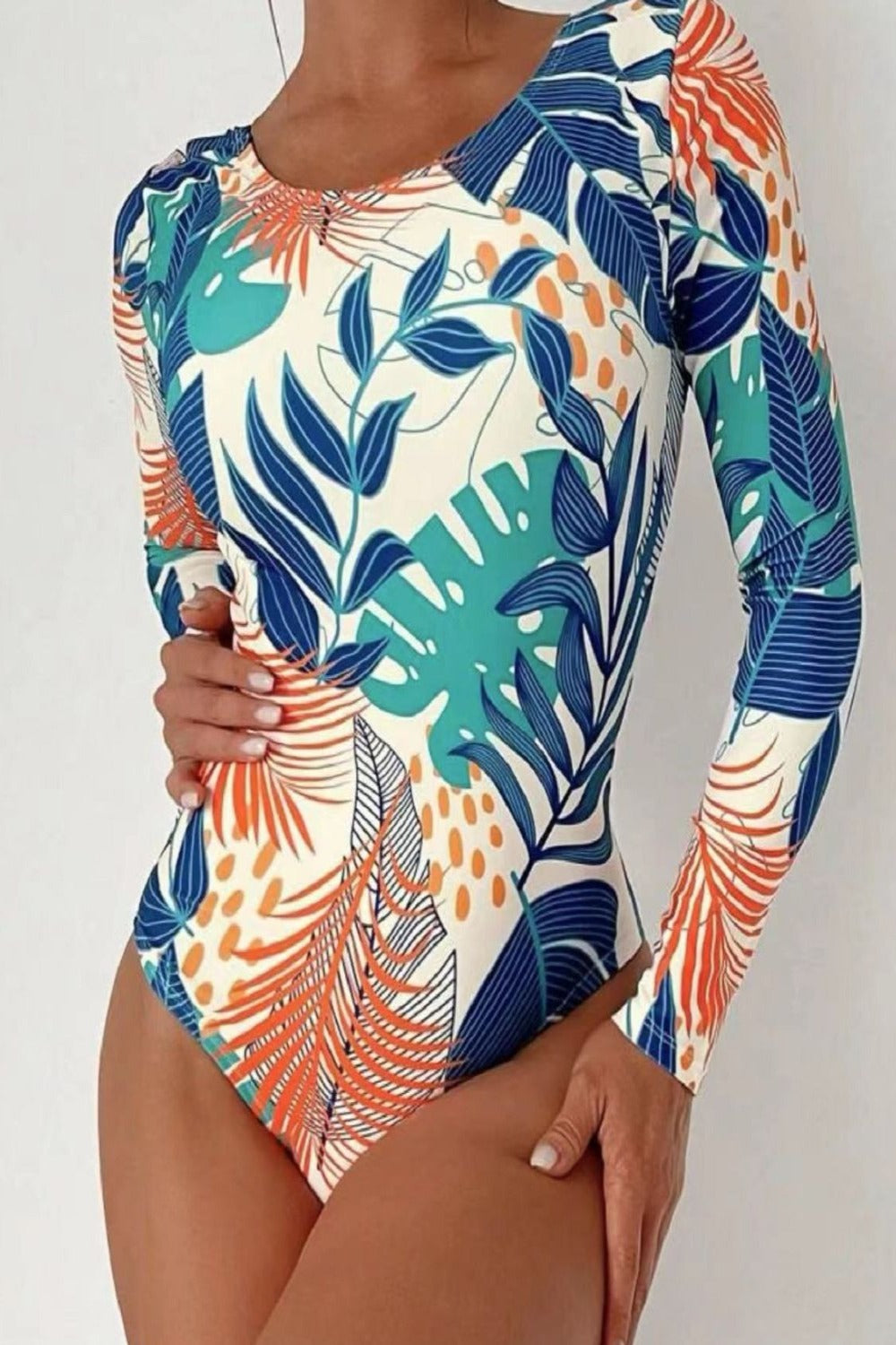 Crisscross Round Neck Long Sleeve Swimwear Turquoise Rash Guards JT's Designer Fashion