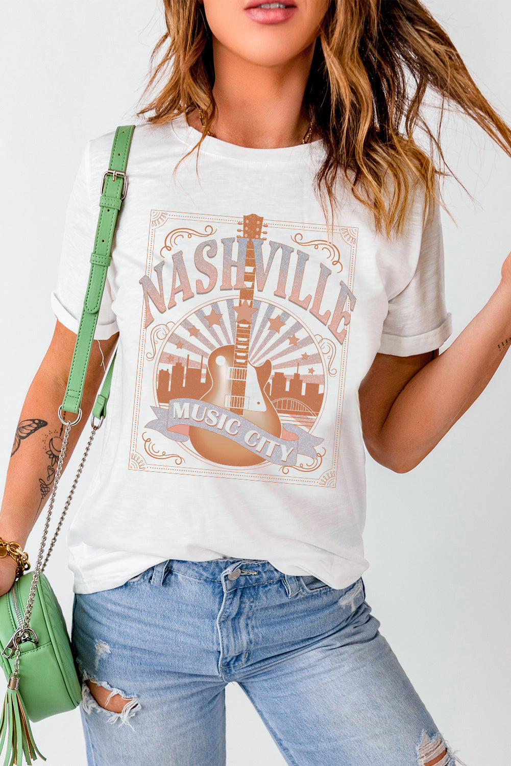 White MUSIC CITY NASHVILLE Graphic T Shirt Graphic Tees JT's Designer Fashion