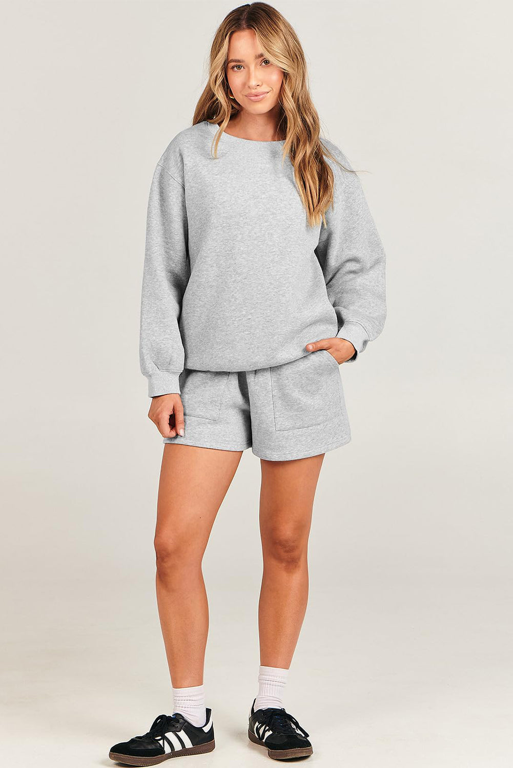 Light Grey Solid Pullover Sweatshirt and Shorts 2 Piece Set Short Sets JT's Designer Fashion