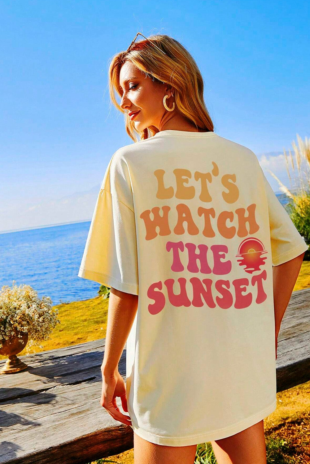 Yellow Cream Back LET'S WATCH THE SUNSET Print Half Sleeve Tee Tops & Tees JT's Designer Fashion