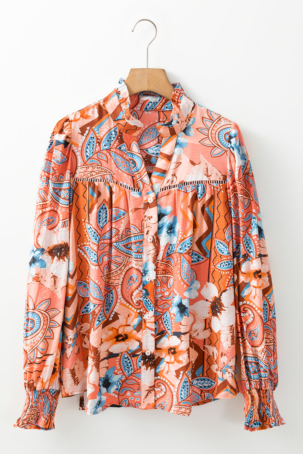 Orange Floral Print Shirred Cuff Buttoned Loose Shirt Blouses & Shirts JT's Designer Fashion