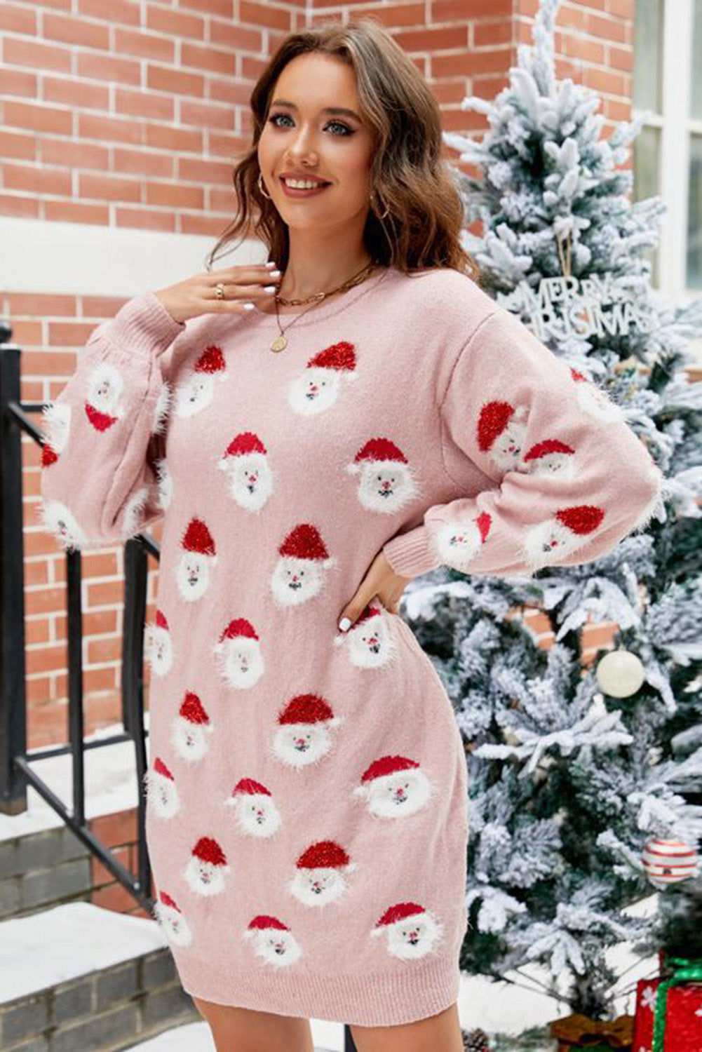 Light Pink Fuzzy Christmas Santa Clause Sweater Dress Sweater Dresses JT's Designer Fashion