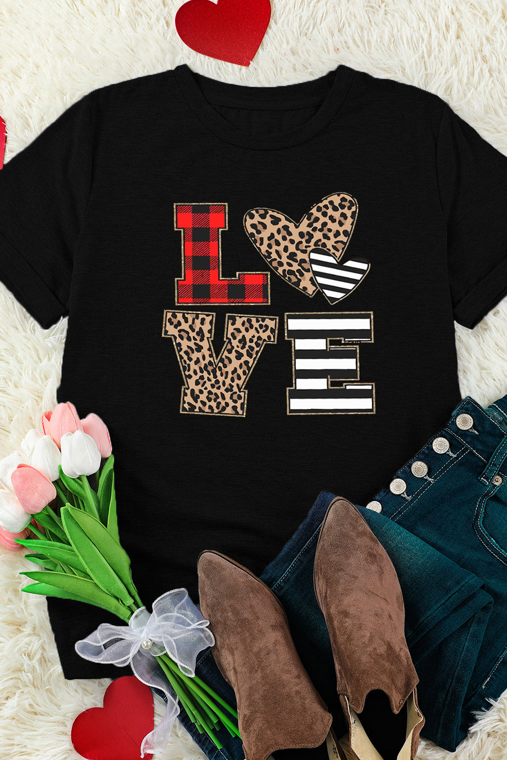 Black LOVE Heart Plaid Striped Leopard Print Graphic T Shirt Graphic Tees JT's Designer Fashion