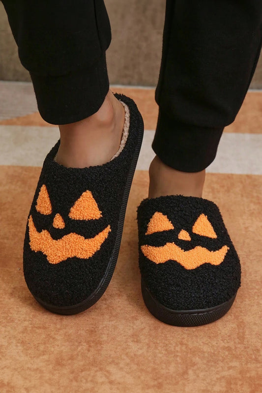 Black Halloween Pumpkin Face Graphic Plush Slippers Slippers JT's Designer Fashion