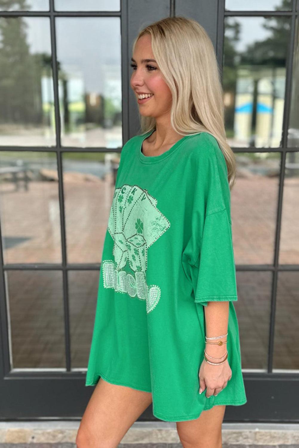 Bright Green Rhinestone Lucky Poker Cards Oversized T Shirt Mini Dress T Shirt Dresses JT's Designer Fashion