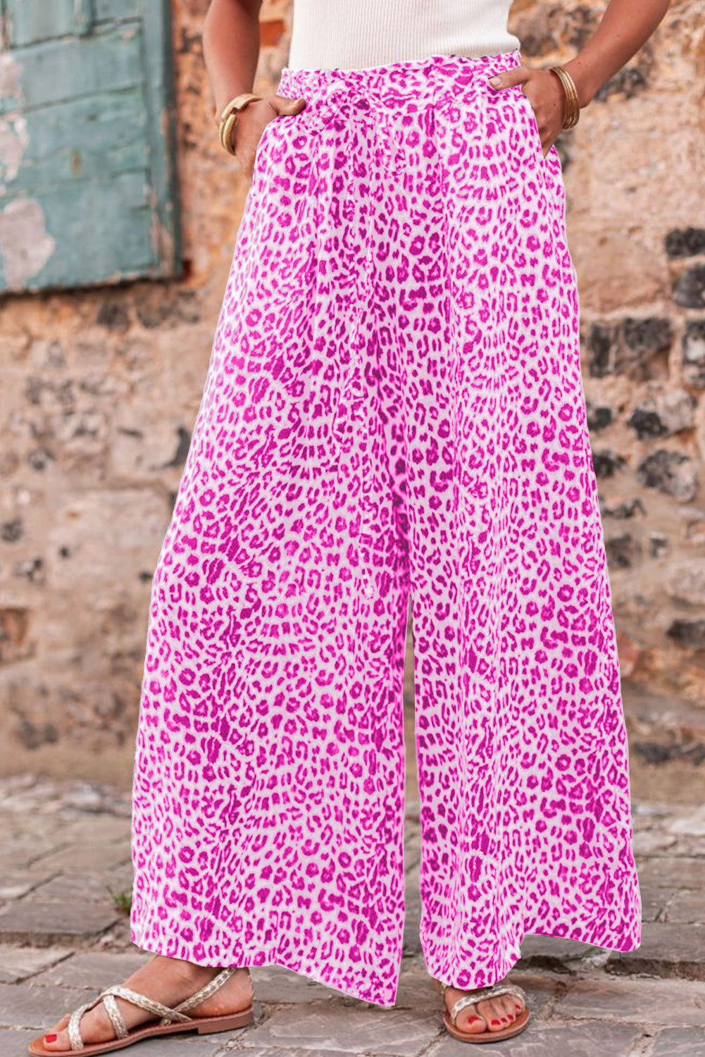 Bright Pink Boho Leopard Wide Leg Pants Bottoms JT's Designer Fashion