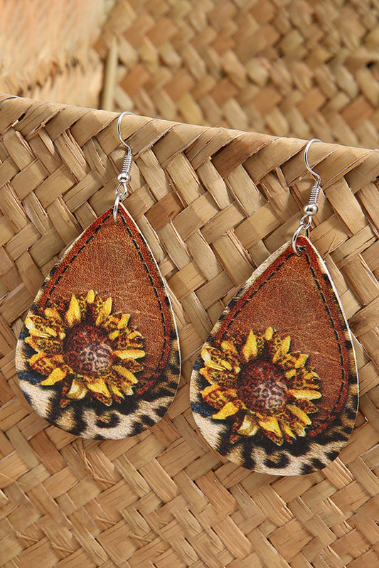 Brown Leopard Sunflower Water Drop Earrings Jewelry JT's Designer Fashion