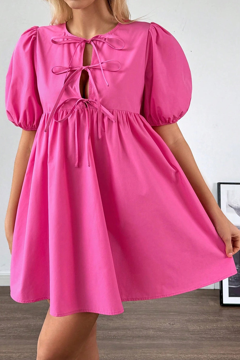 Bright Pink Solid Color Puff Sleeve Tie Front High Waist Mini Dress Mini Dresses JT's Designer Fashion