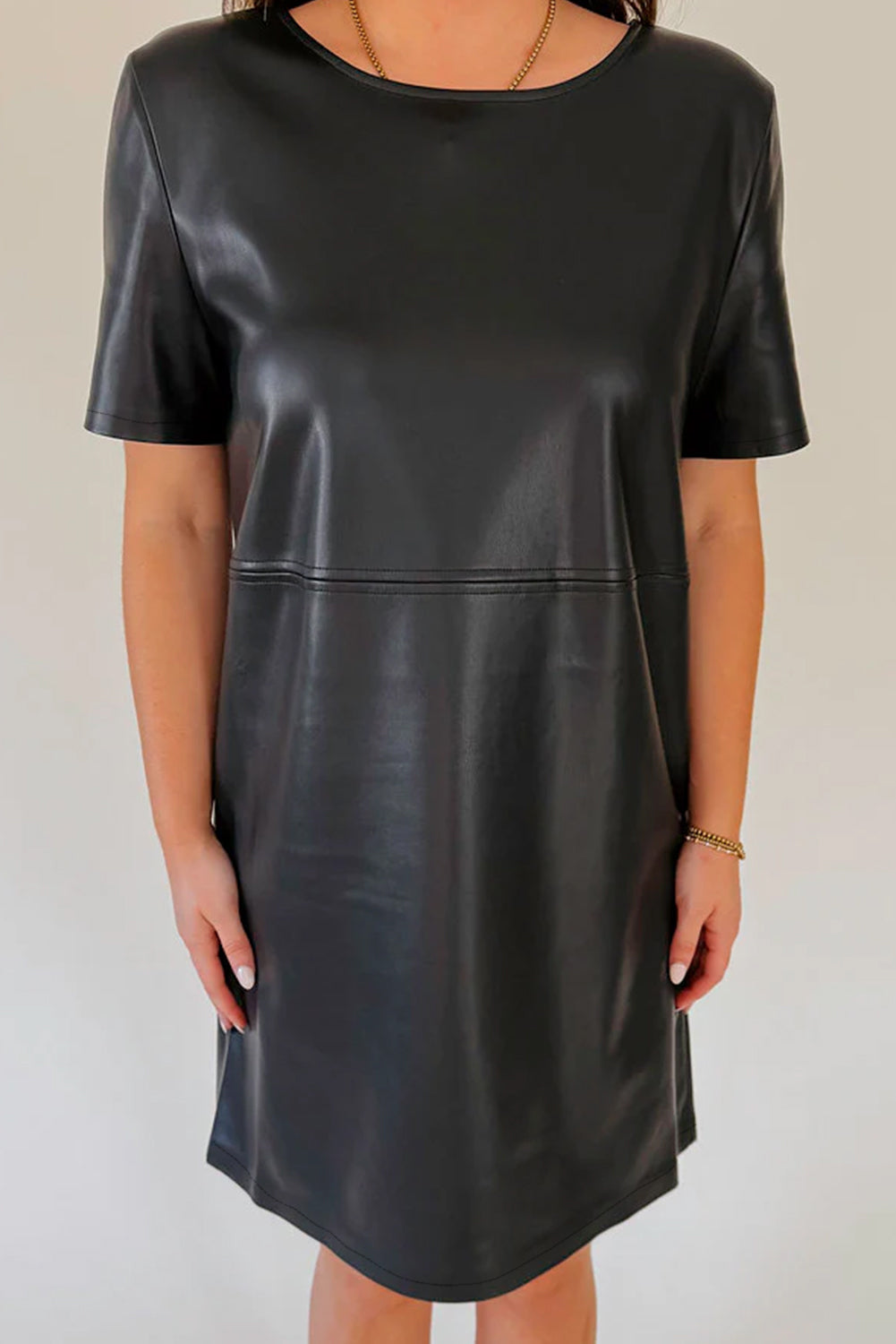 Black Faux Leather Loose T-shirt Dress T Shirt Dresses JT's Designer Fashion