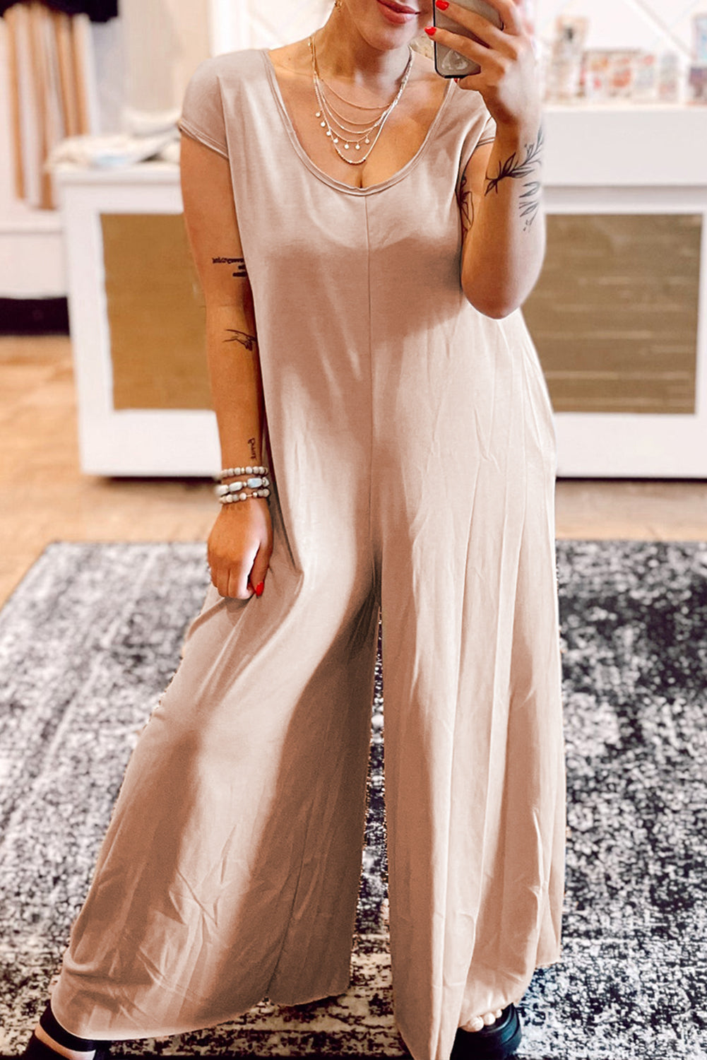 Light French Beige Cap Sleeve Round Neck Curvy Wide Leg Jumpsuit Plus Size JT's Designer Fashion