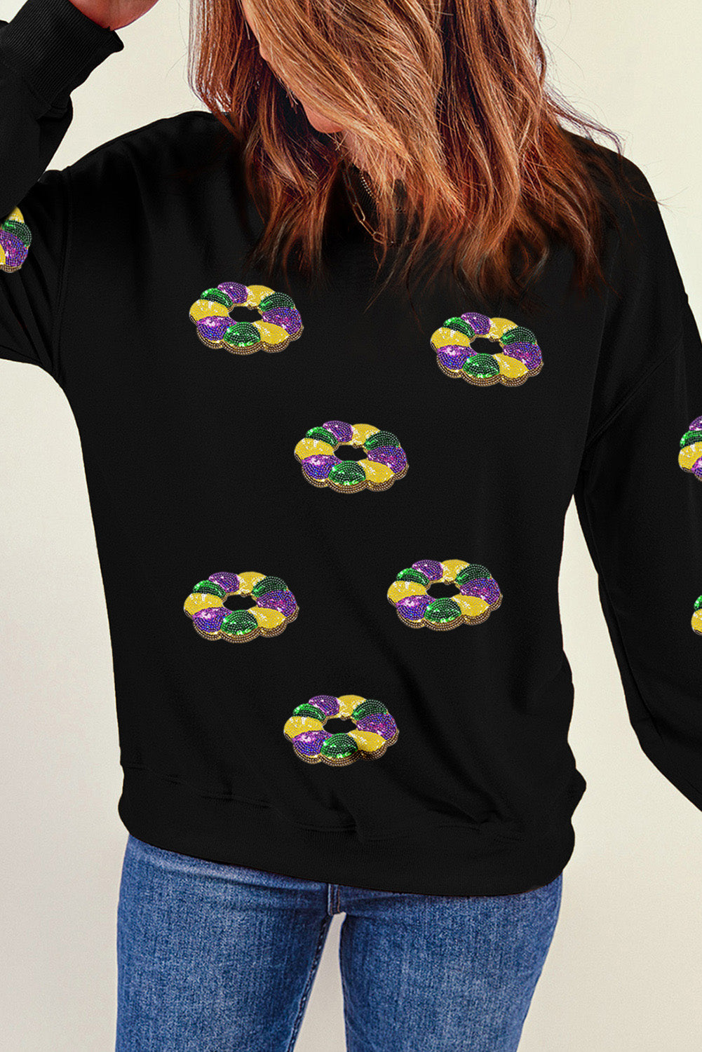 Black Sequined Donuts of Mardi Gras Colors Drop Shoulder Sweatshirt Graphic Sweatshirts JT's Designer Fashion