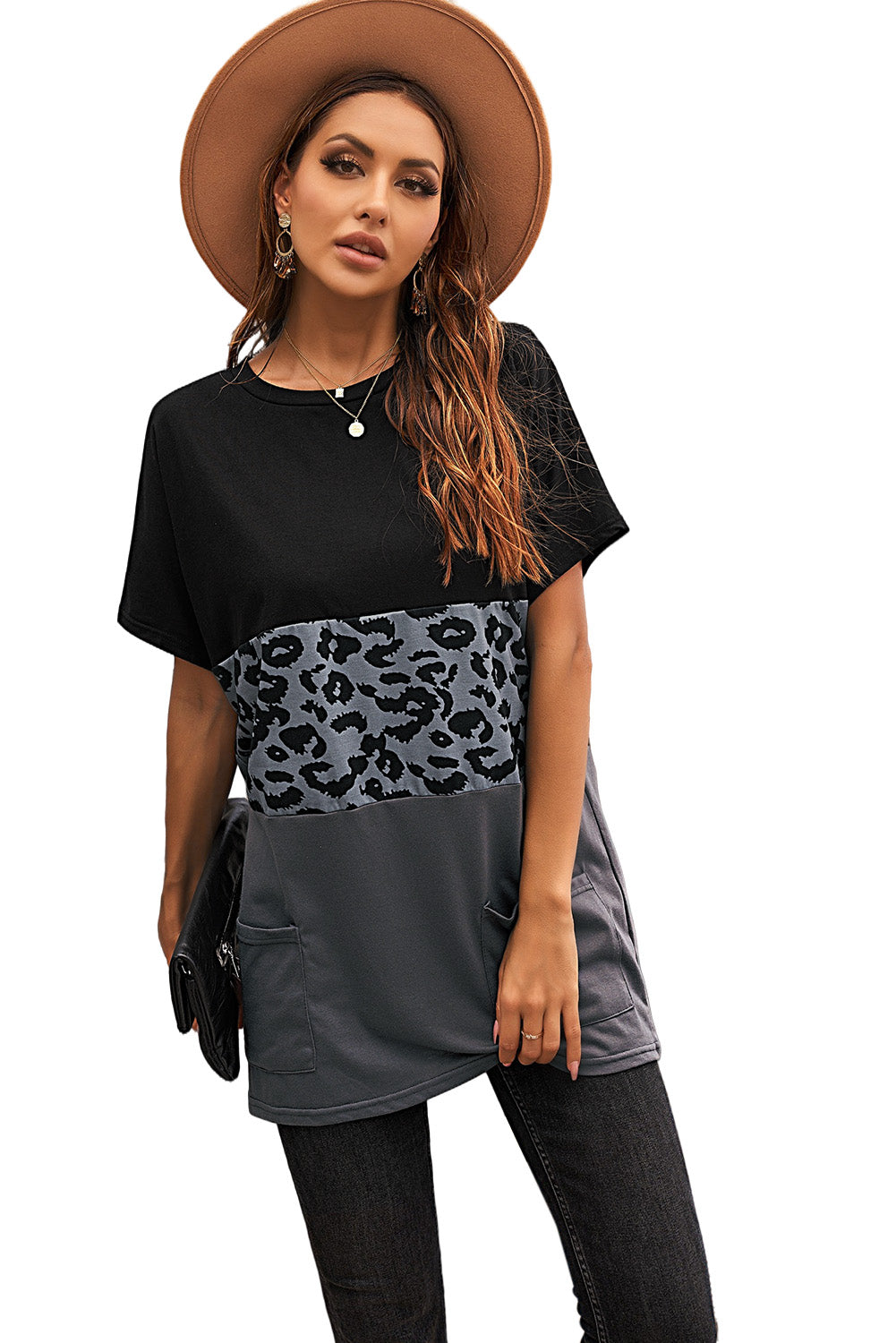 Leopard Triple Colorblock Splicing Short Sleeve Mini Dress with Pockets T Shirt Dresses JT's Designer Fashion