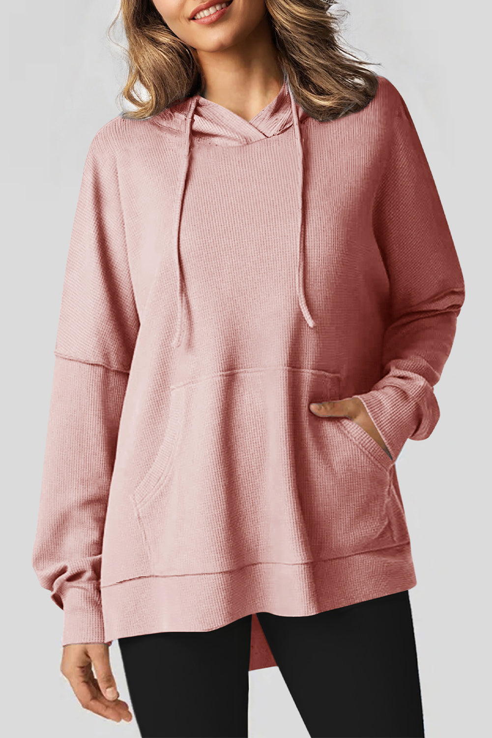 Light Pink Waffle Knit Fleece Lined High Low Oversized Hoodie Sweatshirts & Hoodies JT's Designer Fashion