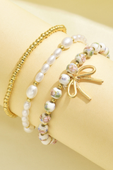 Gold Bow Knot Charm Beaded Triple Layer Bracelet Set Jewelry JT's Designer Fashion