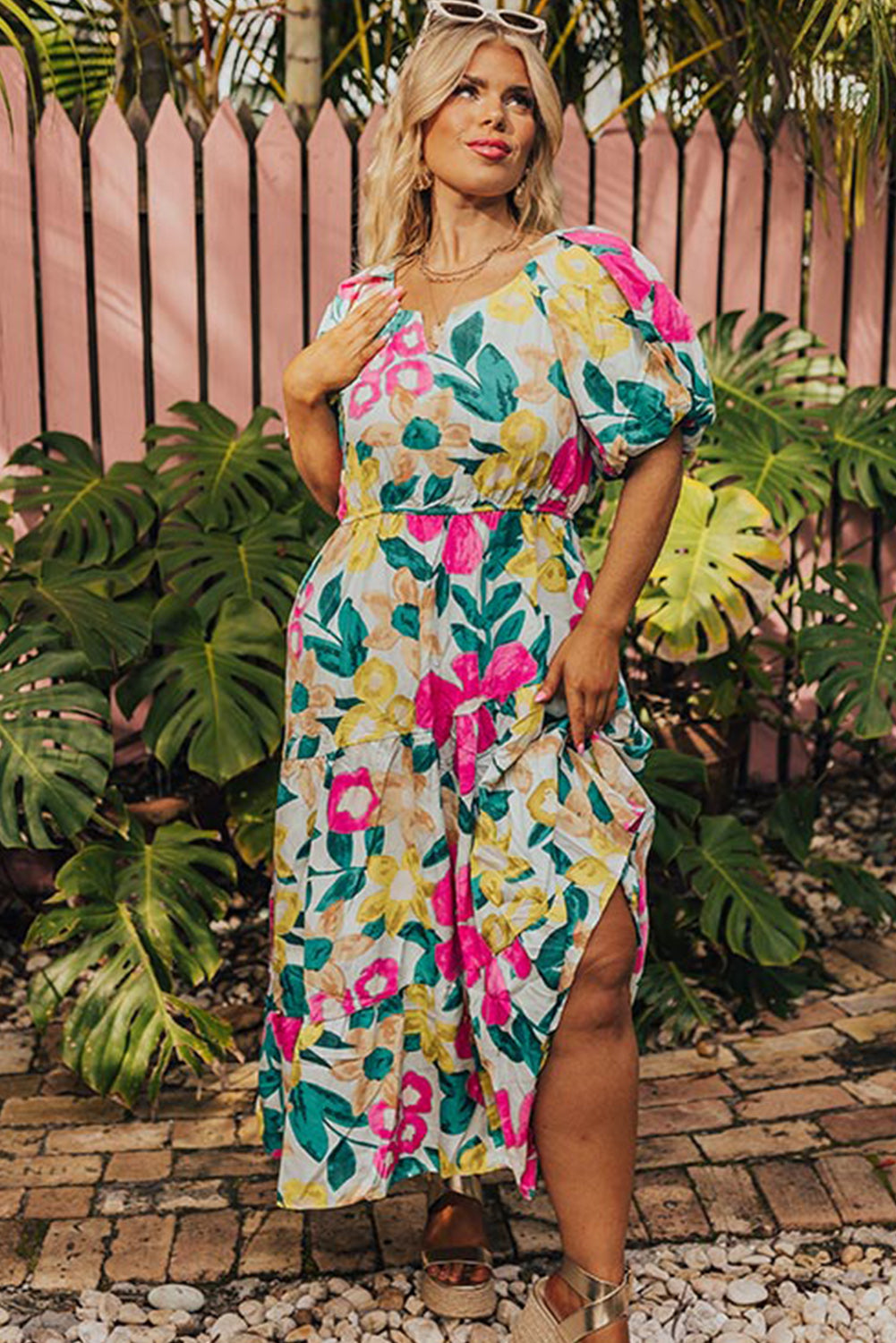 Multicolour Floral Puff Sleeve Notched Neck Plus Size Maxi Dress Plus Size JT's Designer Fashion