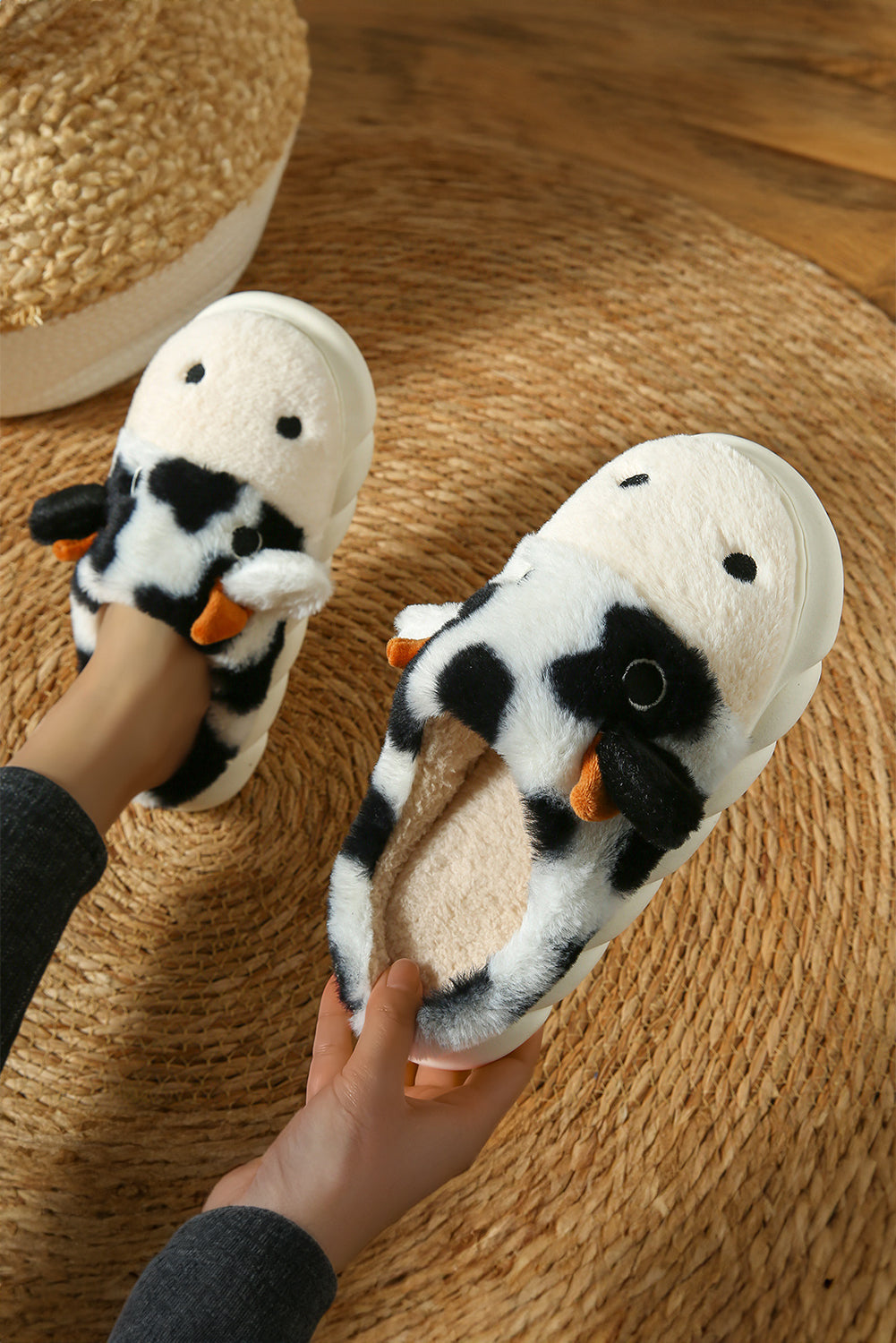 White Cute Cow Thick Sole Plush Thermal Home Slippers Slippers JT's Designer Fashion