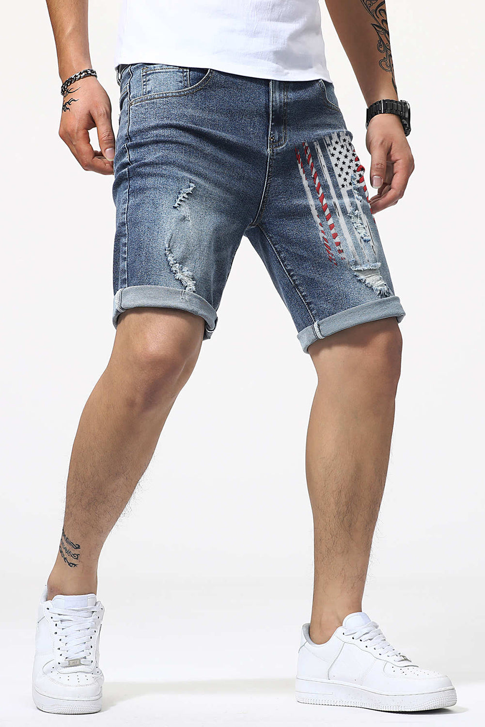 Blue American Flag Graphic Print Distressed Men's Denim Shorts Men's Pants JT's Designer Fashion