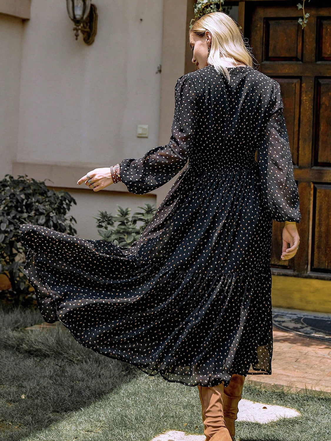 Embroidered Polka Dot Tie Neck Long Sleeve Midi Dress Maxi Dresses JT's Designer Fashion