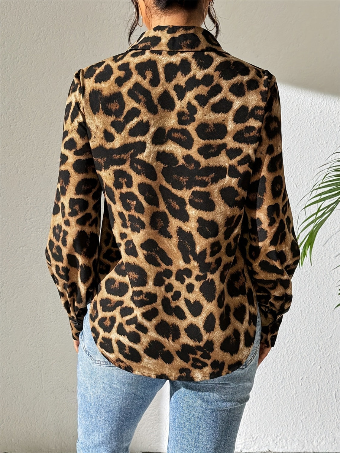 Leopard Collared Neck Long Sleeve Shirt Long Sleeve Tops JT's Designer Fashion