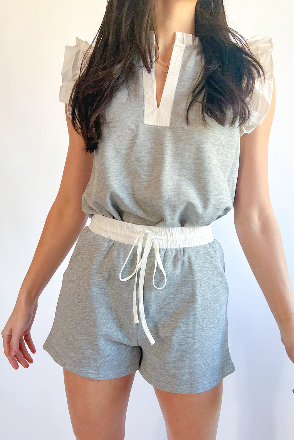 Gray Color Block Ruffled Top and Drawstring Shorts Set Bottoms JT's Designer Fashion