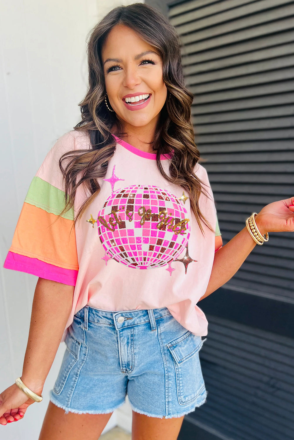 Pink Sequin Disco Ball Color Block Sleeve Graphic Tee Graphic Tees JT's Designer Fashion