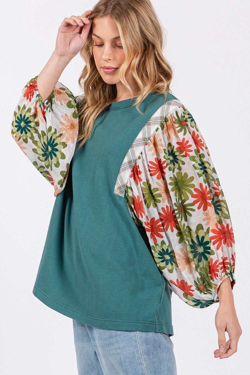 SAGE + FIG Full Size Printed Balloon Sleeve Contrast Top Blouses & Shirts JT's Designer Fashion