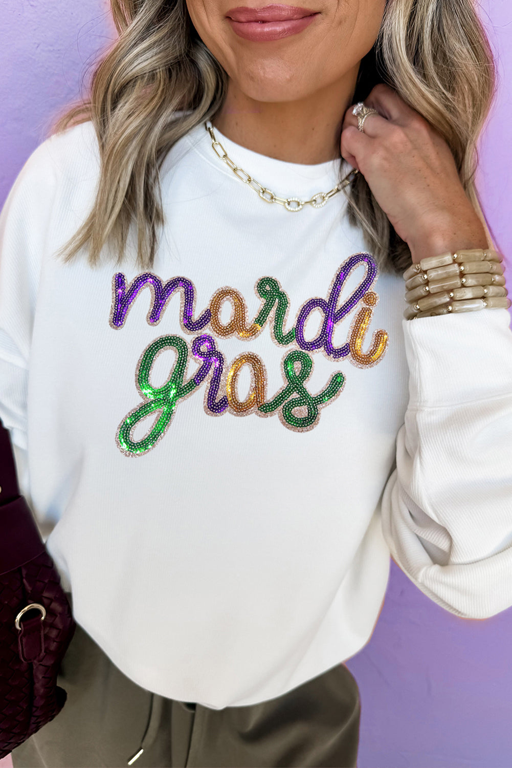 White Sequined mardi gras Graphic Crew Neck Drop Shoulder Sweatshirt Graphic Sweatshirts JT's Designer Fashion