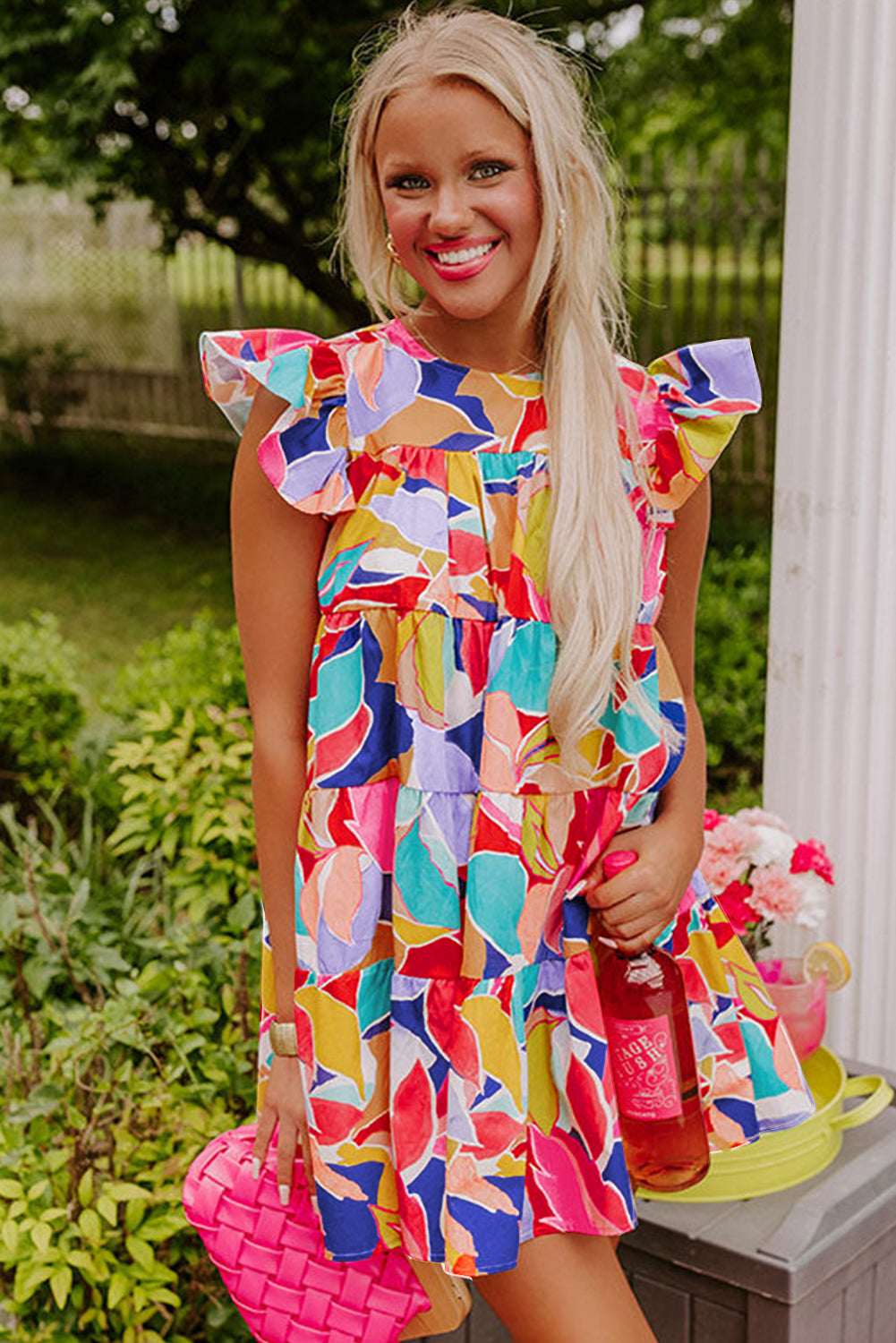 Pink Abstract Printed Ruffled Flutter Sleeve Tiered Mini Dress Mini Dresses JT's Designer Fashion