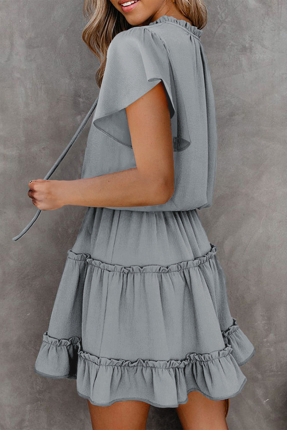 Gray V Neck Ruffled Swing Mini Dress Mini Dresses JT's Designer Fashion