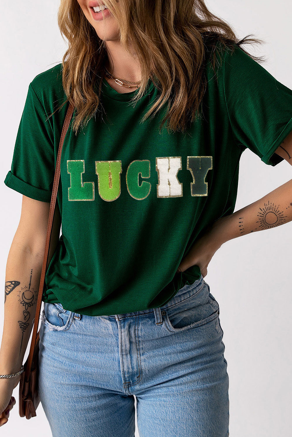 Green LUCKY Glitter Chenille Patched Crew Neck T Shirt Graphic Tees JT's Designer Fashion