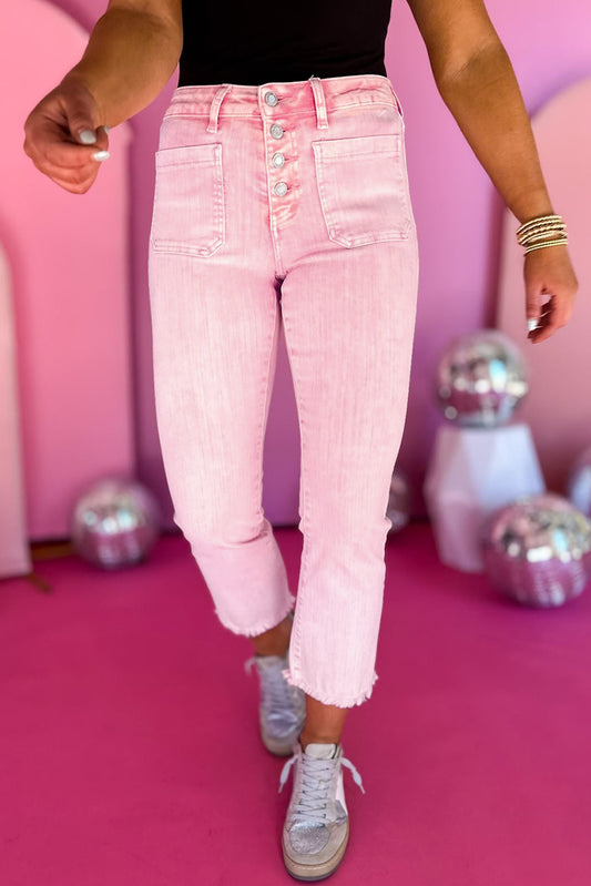 Apricot Pink Multi Buttons Raw Edge Crop Jeans Bottoms JT's Designer Fashion