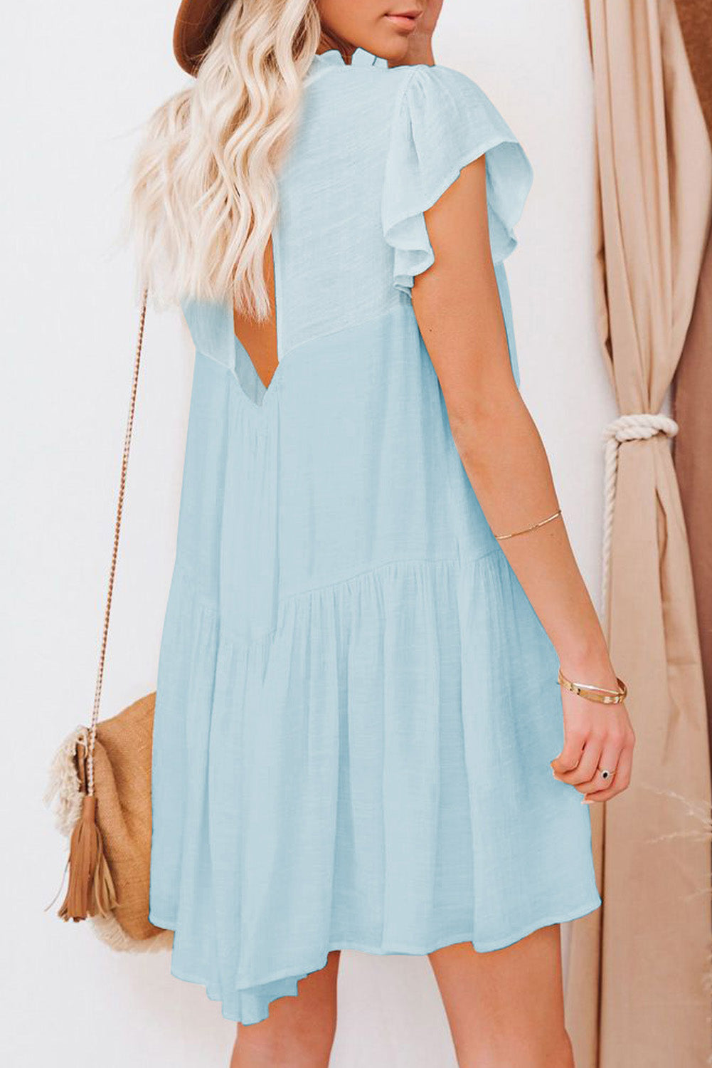 Sky Blue Frilled Neck Ruffle Swing Mini Dress with Pockets Mini Dresses JT's Designer Fashion