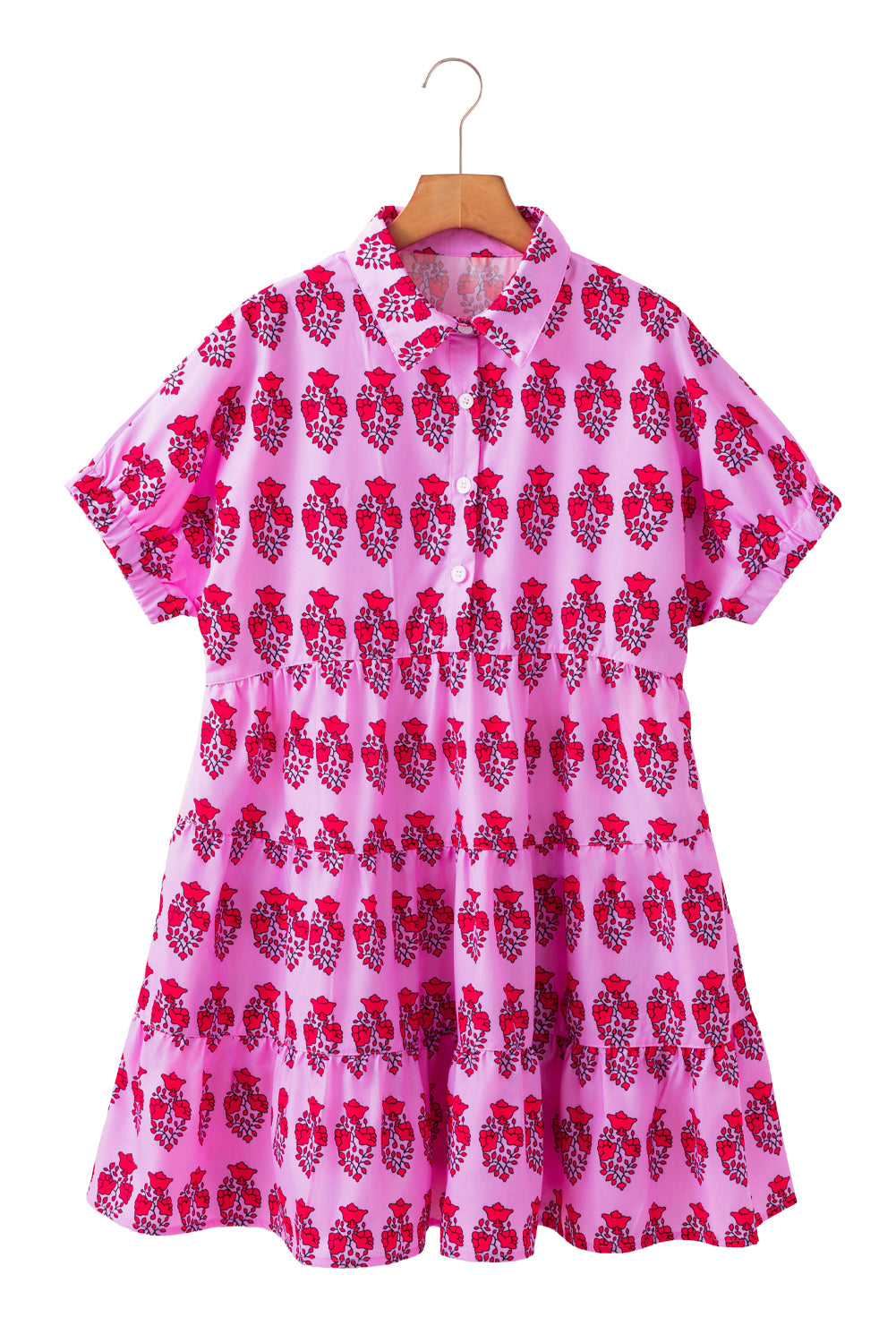 Sachet Pink Floral Print Multi Buttons Collared Short Sleeve Flowy Dress Mini Dresses JT's Designer Fashion